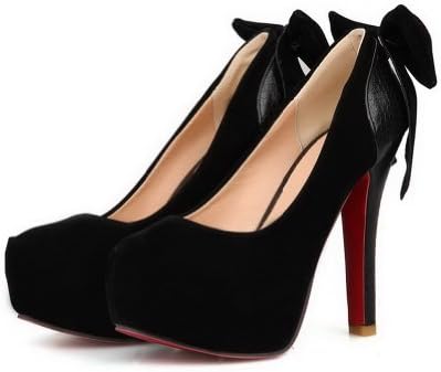 Vogue009 Womens Closed Round Toe High Heel Spikes Stilettos Platform Suede Frosted PU Solid Pumps with Red Bottom and Bowknot, Black, 35