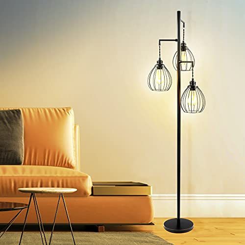 Industrial Floor Lamp, 810 Lumens Bright LED Floor Lamp with 3 Elegant Teardrop Cage Heads