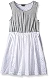 Calvin Klein Little Girls' Stretch Jersey Dress with Poplin Eyelet Skirt, Gray, 6