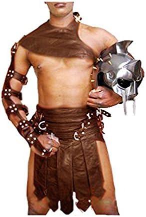 Brown Real Cow Leather Mens Roman Gladiator Kilt Set LARP