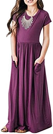 ZHANGVIP Little Baby Girls Solid Color Short Sleeve Dress Kids Sundress Summer Evening Party Beach Long Skirt 3-9Y