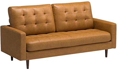 Amazon Brand – Rivet Cove Mid-Century Modern Tufted Leather Apartment Sofa, 72"W, Caramel