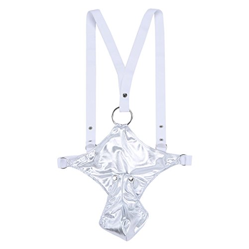 CHICTRY Men's Patent Leather Harness Bodysuit Clubwear Thong Buckled Pouch Silver One Size