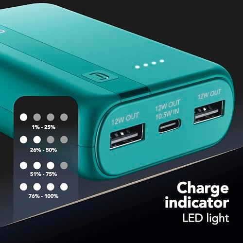 Power Bank 10000 mAh con USB-C In/Out + 2 Porte USB-A - Ricarica Multipla e LED Indicatore - Verde