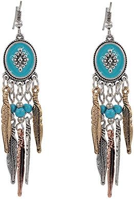 Retro Imitation turquoise feather tassel dangle earrings