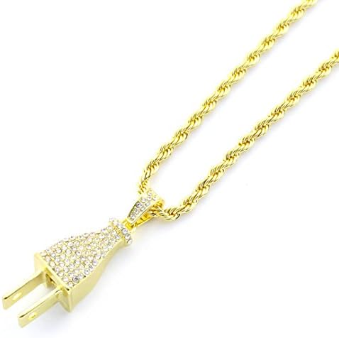 Diamond Iced Plug Pendant in 14k Gold Plating with 24" Rope Chain