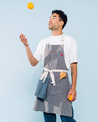 Caldo Linen Kitchen Apron - Mens and Womens Linen Bib Apron - Adjustable with Pockets (Grey) - Thumbnail 3