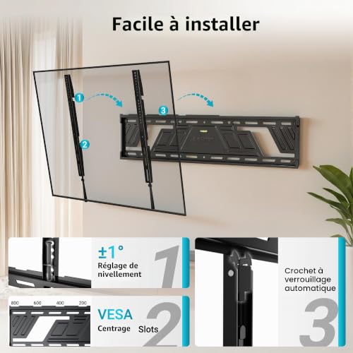 BONTEC Support Mural TV Fixe pour Téléviseurs 43 à 100 Pouces, Ultra Fin 23 mm, Charge Maximale 100 kg, VESA Max 800x600 mm, Fixation Murale Ultra Plate, Plaque Monobloc, Verrouillage Auto Sécurisé | Profil bas 23 mm, VESA max 800x600 mm, Plaque monobloc, Pour téléviseurs plats ou incurvés