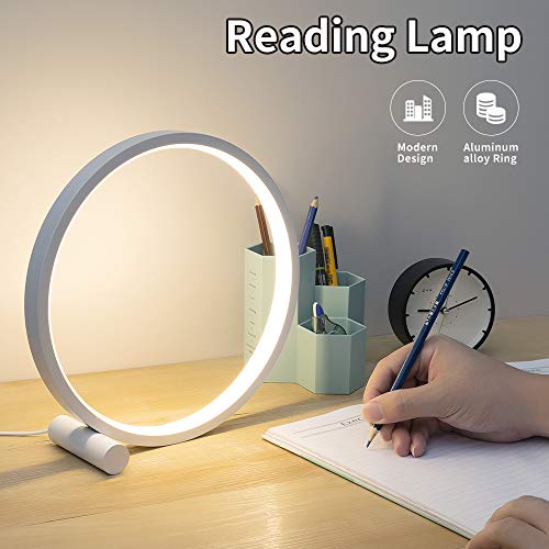 Cool Circle Design Led Table Reading Lamp Desk Light, Modern Metal Bedroom Bedsie Lamp Eye Caring Study Lamp Kid Room Nightstand Headboard Living Room Daylight White
