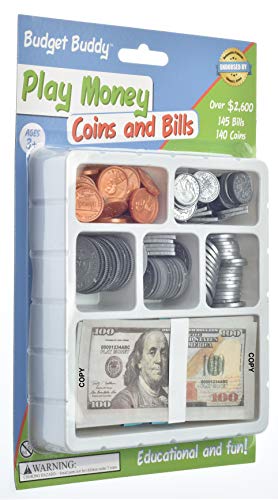 Teacher's Choice Pretend Play Money Set for Kids - 145 School Money Bills and 140 Plastic U.S. School Money Coins in Tray