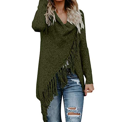 HOSOME Women Sweater Stripes Poncho Fall Tassels Slash Gradient Shawl Hem Fringe Loose Tops Green - Thumbnail 5