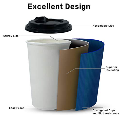 100 Pack 12oz Paper Coffee Cups With Lids Disposable To Go Hot Beverages Blue Coffee Cups for Party by Bulex