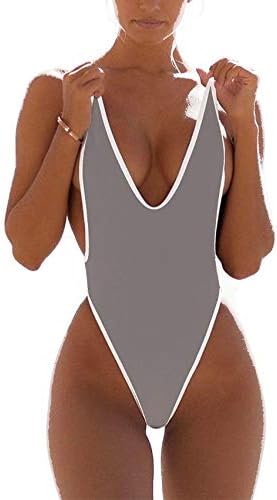 JBENG Women Monokini Retro Thong One Piece Swimsuit Deep V High Cut Sexy Cheeky Swimwear Semi Thong Bikini