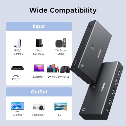 UGREEN HDMI Switch 3 in 1 Out, 4K@60Hz HDMI Splitter with Remote Supports HDR10+, 3D, Dolby Atmos, HDCP 2.2 Switcher Compatible with PS5/4/3 Xbox Series Roku TV Fire Stick Blu-Ray Player