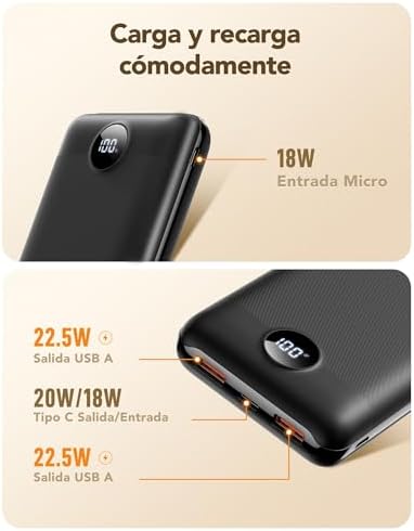 20000mAh Batería Externa Power Bank, Carga Rápida 22.5W QC3.0,