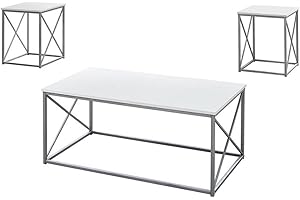 Monarch Specialties I 7951P Table Set, 3pcs Set, Coffee, End, Side, Accent, Living Room, Metal, Laminate, White, Grey, Contem