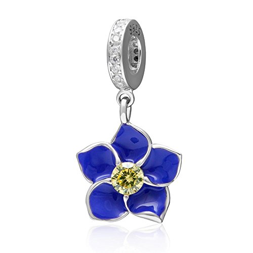 Orchid Charm 925 Sterling Silver with Transparent Cz Stone and blue Flower Pendant Charm fit Charms Bracelets