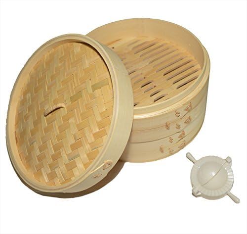 100% Natural Traditional Bamboo Steamer with 20 sheets of wax paper and mini dumpling press - Provides a healthier way to cook food while impressing guests