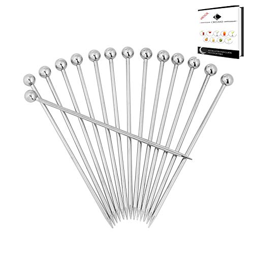 CRESIMO 4.3 Inch Stainless Steel Cocktail Picks (Set of 14) with BONUS eBook Recipe Guide! Reusable Metal Martini Skewers and Sticks - Good for Bloody Mary Drinks, Garnish, Appetizers, and Much More!