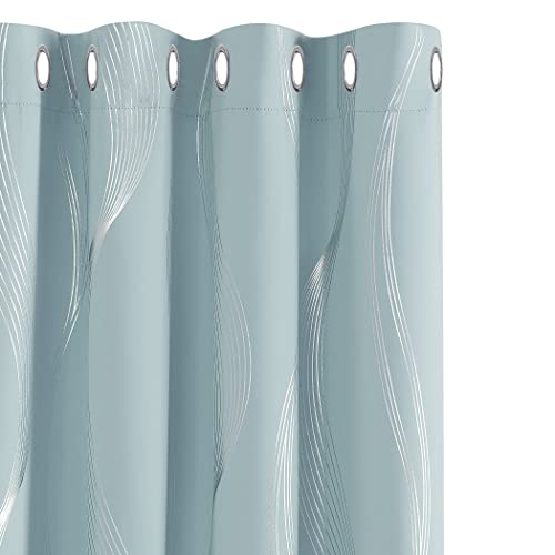Deconovo Blackout Curtains Eyelet Silver Silver Wave Line Foil Printed Curtains Window Treatment for Bedroom Room 46x54 Inch Light Blue 2 Panels — image 1
