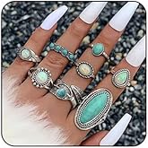 MarveBard Bohemian Turquoise Ring Set for Women Vintage Oval Flower Cactus Teardrop Midi Ring Chunky Stackable Knuckle Rings Set Ethnic Style Turquoise Western Statement Ring Silver Boho Jewelry