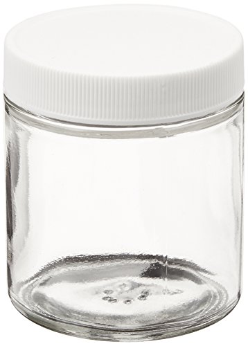 JG Finneran 9-181 Clear Borosilicate Glass Standard Short Straight Sided Wide Mouth Jar with White Polypropylene Closure and 0.015" PTFE Lined, 58-400mm Cap Size, 125mL Capacity (Pack of 24)