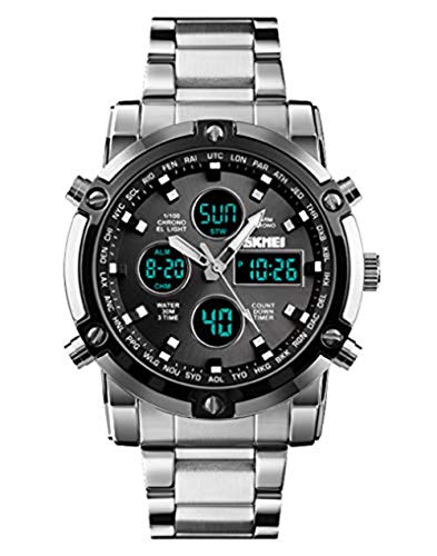 Stainless Steel Strap Outdoor Sport Watch Analog Digital LED Dual Time Display Mens Watch (Silver Black)