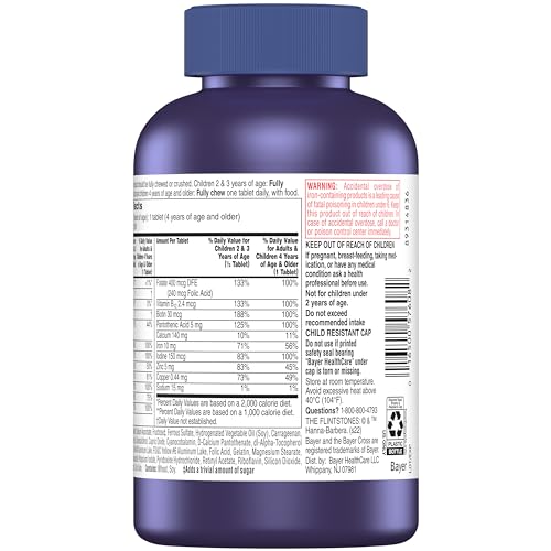 FLINTSTONES VITAMINS CHEWABLE KIDS VITAMINS, COMPLETE MULTIVITAMIN FOR KIDS AND TODDLERS WITH IRON, CALCIUM, VITAMIN C, VITAMIN D & MORE, 180 COUNT(PACK OF 1)(PACKAGING MAY VARY)