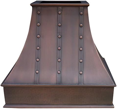 Handcrafted Copper Kitchen Range Hood with High CFM Hood Vent, Wall Mount Antique Copper Finish 30in x 36in Height Classic Design with Hand Hammered Strips&amp;Rivets