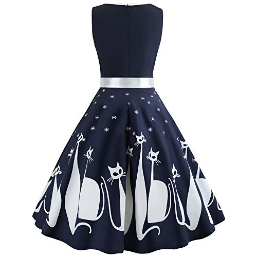 UONQD 2019d Women Cat Printed V Neck Sleeveless Evening Party Swing Retro Dress (Large,Navy) - Thumbnail 2