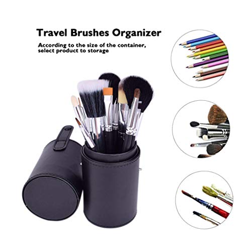 LanMa Makeup Brush Holder,Large Vegan Leather Cylinder Box Bags for Portable Cosmetic Makeup Case Storage Makeup Bags for Traveling or Bedroom Vanity(PU Black) - Thumbnail 2