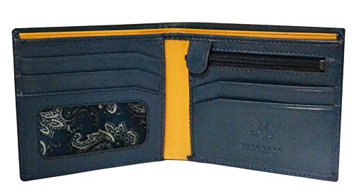 Visconti Parma PM-101 Mens Classic Bi-fold Coin Zipper Wallet (Blue/Mustard)