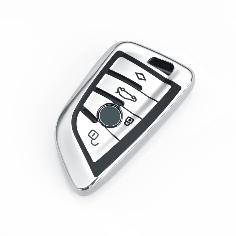 HooRLZ Key Fob Cover Compatible with Bmw X1 X2 X3 X5 X6 Bmw 1 2 3 4 5 6 7 Series, 4 Button TPU Bmw Key Cover, Bmw X1 Key Case Cover Silicone (Silver)