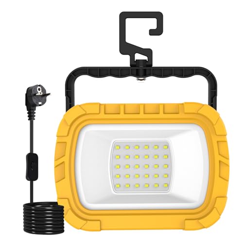 30W Projecteur LED de Chantier, 1000LM Lampe de Travail LED avec Prise et Cordon de 1.8M, Éclairage de Chantier Portables et Étanche Blanc Froid 6500K pour Garage, Atelier, Camping -1PC
