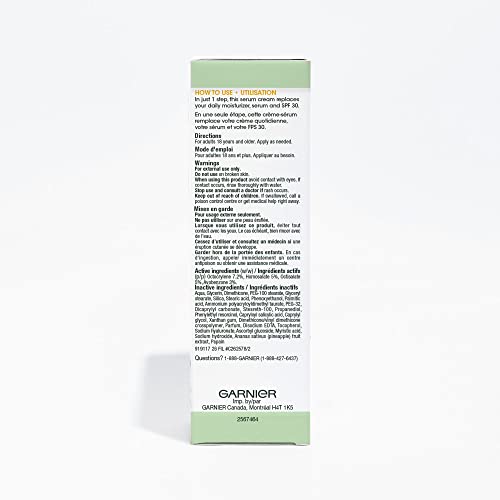 GARNIER GREEN LABS PINEA-C 3-IN-1 BRIGHTENING SERUM CREAM, 24H MOISTURE + SERUM + SPF 30 WITH VITAMIN C, 2.4 FL OZ (72ML), 1 COUNT (PACKAGING MAY VARY)