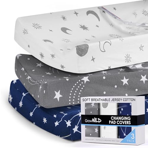 GROW WILD Changing Pad Cover 3 Pack | Soft & Stretchy Jersey Cotton | Baby Changing Table Pad Cover | Diaper Changing Pad Covers for Girls and Boys (Stars, Moon & Constellation)