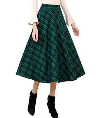 Femirah Women's Elastic Waist Midi Skirt A-Line Pleated Vintage Plaid Winter Swing Skirts