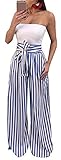 Ybenlow Women's Vertical Striped High Waist Stretch Wide Leg Long Bottom Pallazo Capris Pants with Waist Tie (X-Large, Blue)