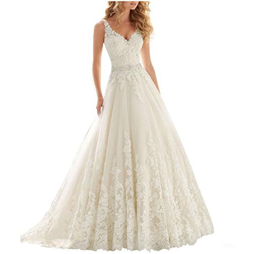 Fair-Lady-Womens-Double-V-Neck-Lace-Applique-Empire-Chapel-Train-Wedding-Dress