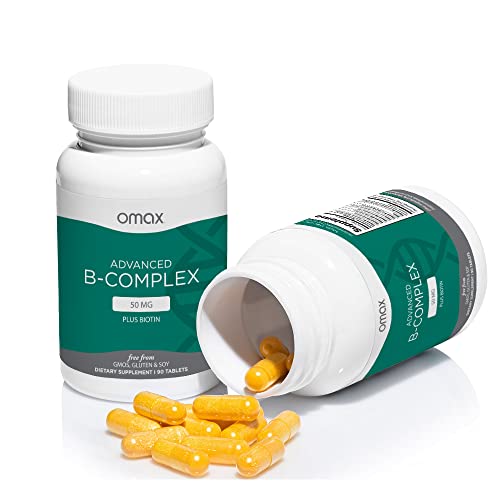 Omax3 Advanced Vitamin B Complex 50MG with Biotin | Strong & Shiny Hair, Skin Nails, Support Stress, Immunity, Energy Metabolism, 90 Capsules