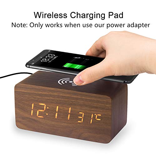 TechKen Wooden Alarm Clock with Qi Wireless Charging Pad, Wood LED