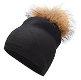 Women's Pure Double-Deck Cashmere Removable Raccoon Fur PomPom Knit Beanie Slouchy Hat,7 color