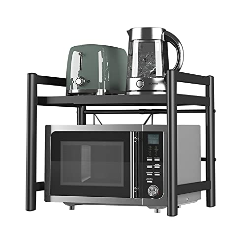 DAYONG Microwave Oven Rack,Expandable Horizontal Extension Microwave Shelf Toaster Oven Stand Rice Cooker Stand Kitchen Counter Top Organizer 2-tier with 6 Hooks