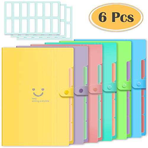 Selizo 6 Pcs Expanding File Folders with 5 Pockets Plastic A4 Letter Size Document Organizer and 168 Pcs File Folder Labels for School and Office