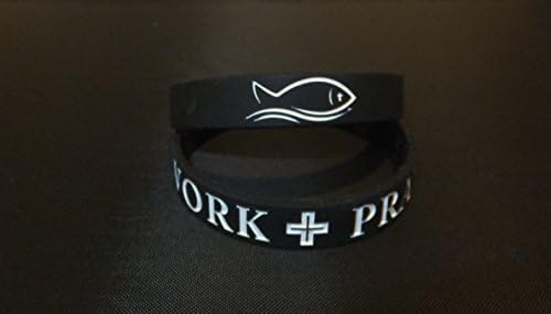 1 -"WORK + PRAY" w/fish (BLACK w/white text) Silicone WristbandDesigned by Tifepiphany
