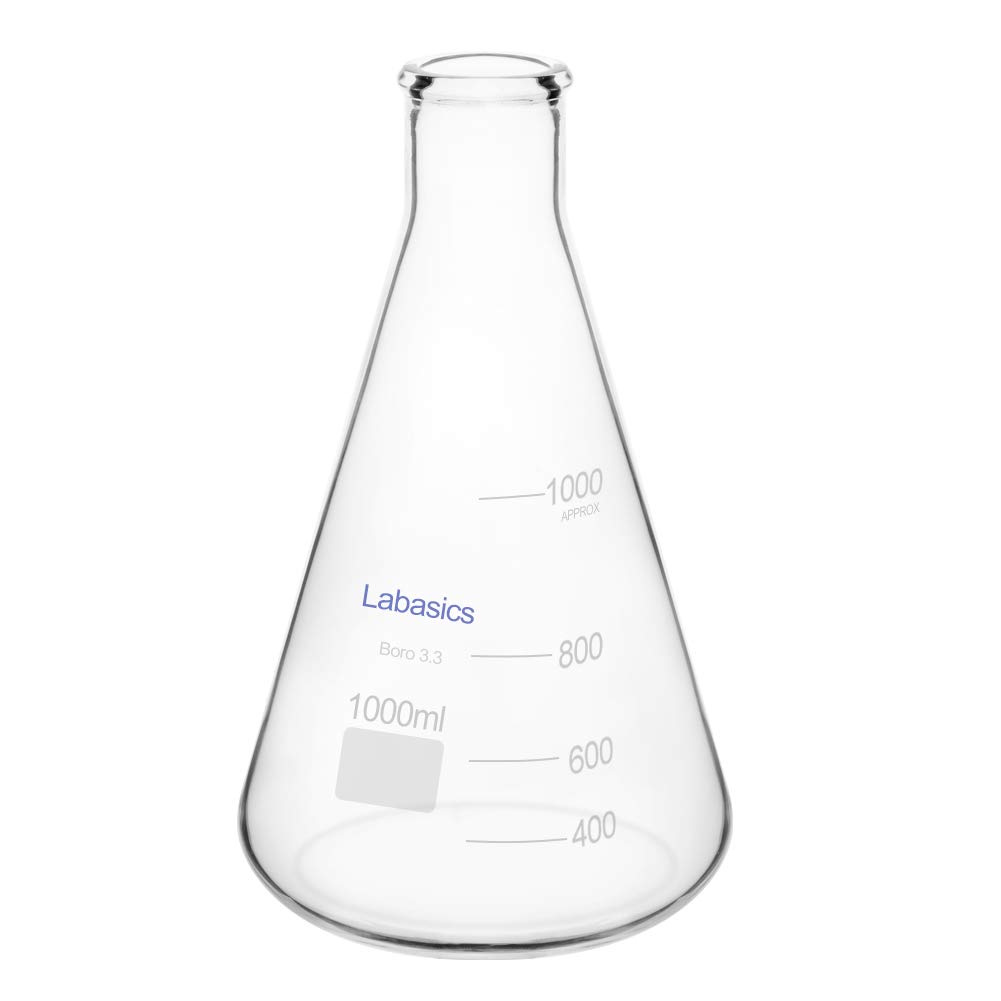Labasics Glass Narrow Mouth Erlenmeyer Flask, Borosilicate Glass Heavy Wall Flask with Heavy Duty Rim, 1 L
