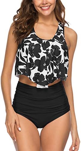 Women's Swimsuit Bikini Two Pieces Bathing Suits Ruffled Racerback Top with High Waisted Bottom Tankini Set