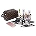 Luxury Checkered Cosmetic Bag Two-Zipper Make Up Bag PU Leather Toiletry Travel Bag for Women,Brown