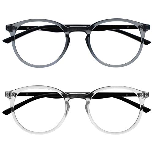 OPULIZE MET Reading Glasses for Women Men, Slim Round Frame with Spring Hinges and Scratch Resistant, Grey,Clear +0 (Pack of 2)