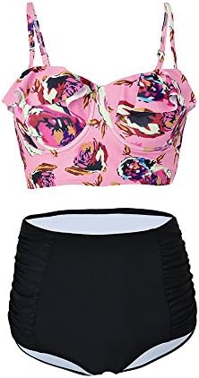 Women's Vintage High Waist Ruffled Floral Two Piece Bikini Swimsuit Beachwear (Large, Pink Top With Black Bottom)